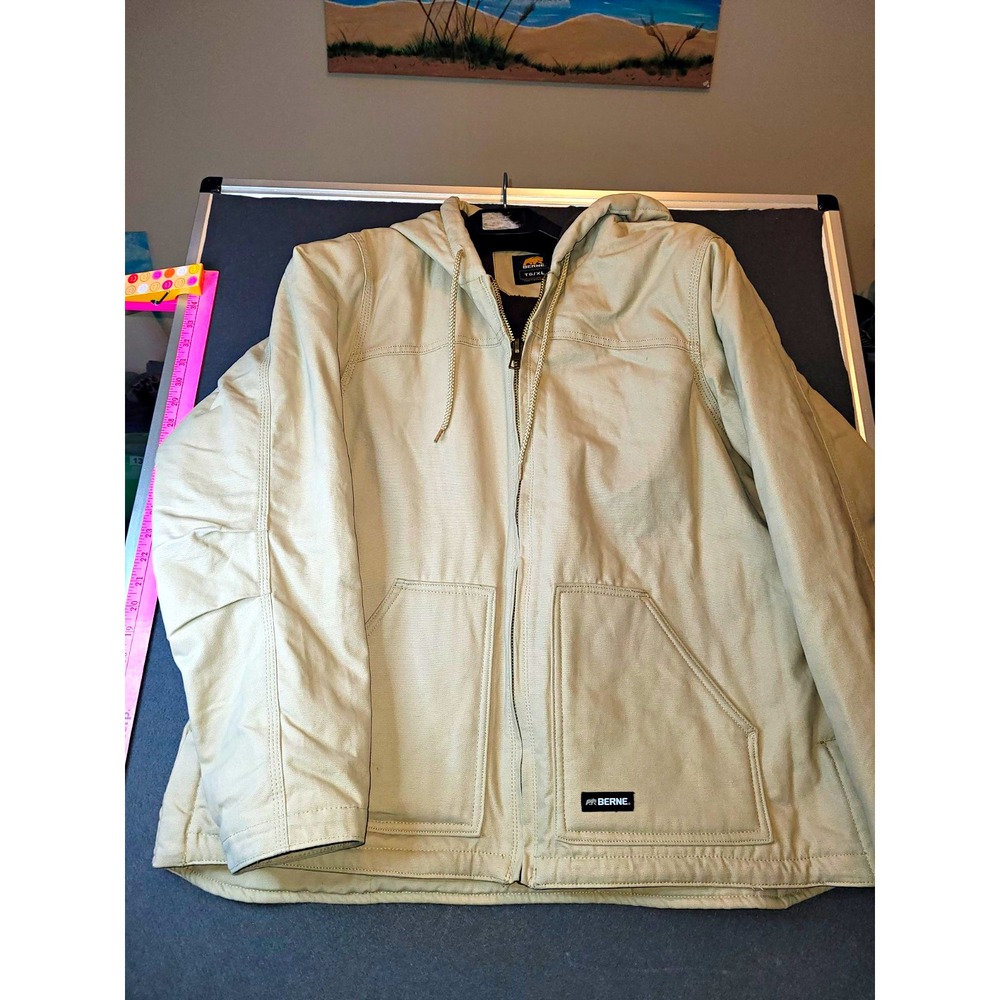 Berne Workwear Men's Hooded Full Zip Lined Cotton Work Jacket Beige XL Reg